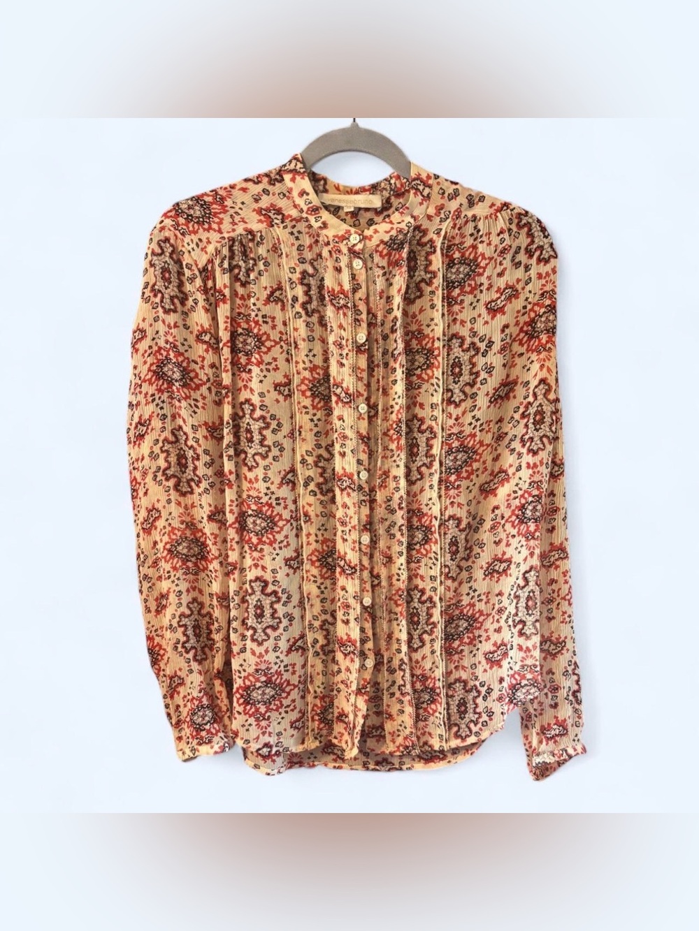 Vanessa Bruno 100% Silk Floral Pintuck Blouse Top Red Cream FR 42 US 10 XL